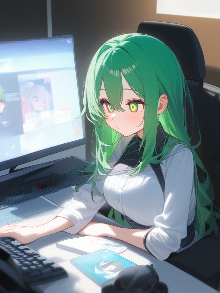  one girl, ai game commentator, lens in the eyes, white hair, green hair, cyberless, pc games, live distribution, ai, v tuber