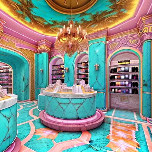  realistic image of 8k ultrahd, beautiful interior of the cosmetics and perfumery store, with turquoise, orange shelves, high ceilings with clouds, marble floors, tropical landscaping, in the background depict a very beautiful photo area in the style of paradise for girls with a mirror of unusual shape, paradise clouds, swings of soft fabrics in bright turquoise color, high resolution, high detail, (intricate details:0.9), (hdr, hyperdetailed:1.2)