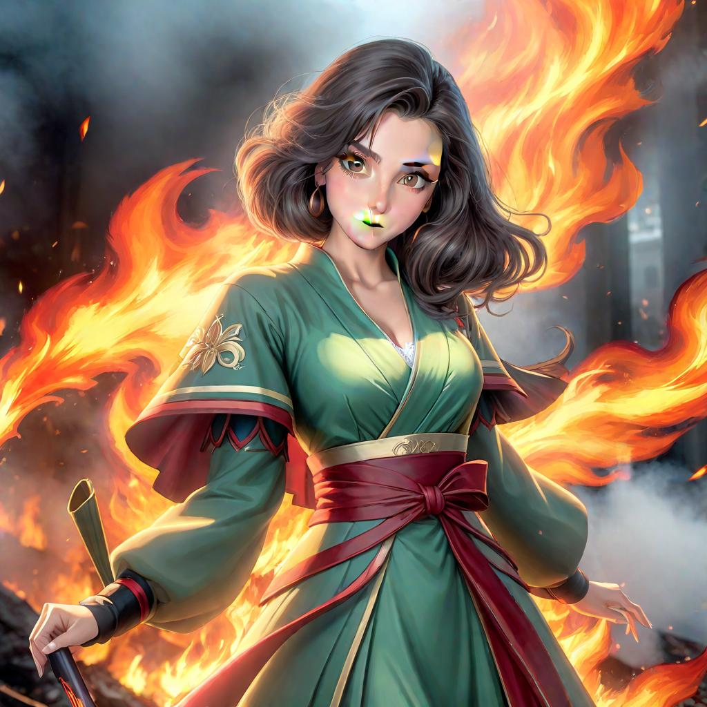  an anime art of a woman among the flames, detailed face, anime style hyperrealistic, full body, detailed clothing, highly detailed, cinematic lighting, stunningly beautiful, intricate, sharp focus, f/1. 8, 85mm, (centered image composition), (professionally color graded), ((bright soft diffused light)), volumetric fog, trending on instagram, trending on tumblr, HDR 4K, 8K