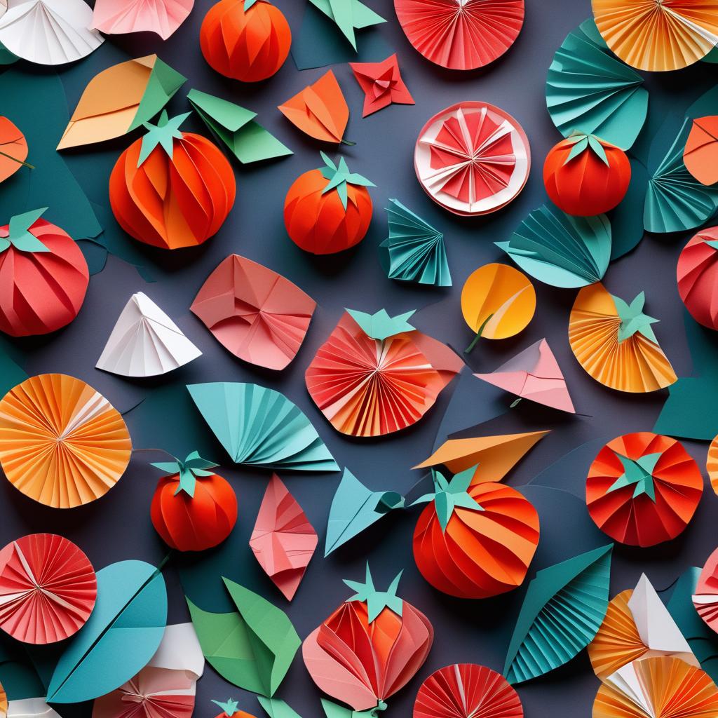  origami style two tomatoes. paper art, pleated paper, folded, origami art, pleats, cut and fold, centered composition