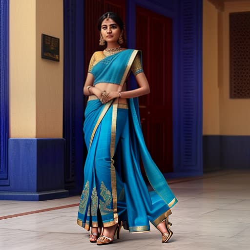  an indian girl in a luxurious blue sari on which a lot of details in full height in full height in full height on the street she stands, and on her feet beautiful shoes girl high digital painting very luxurious lehengu it really shines