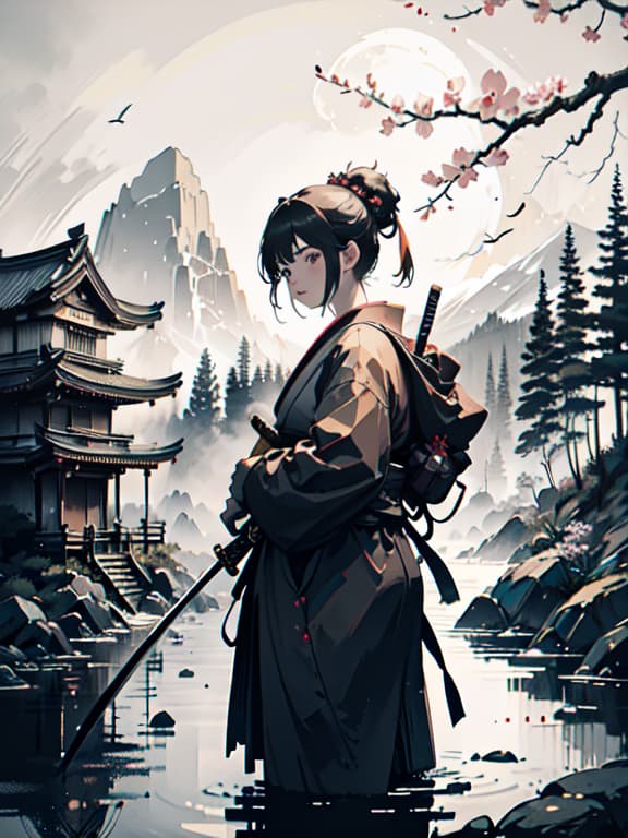  master piece, best quality, ultra detailed, highres, 4k.8k, female samurai, wielding a katana, demonstrating iaido techniques, focused, determined, break high quality illustration of a young female samurai in traditional japanese clothing, wielding a katana, showcasing her skill in iaido., traditional japanese garden, katana, cherry blossom tree, stone lantern, wooden training post, break serene yet intense atmosphere, monochrome, highlighting contrast and elegance, white background, scenery, ink, mountains, water, trees