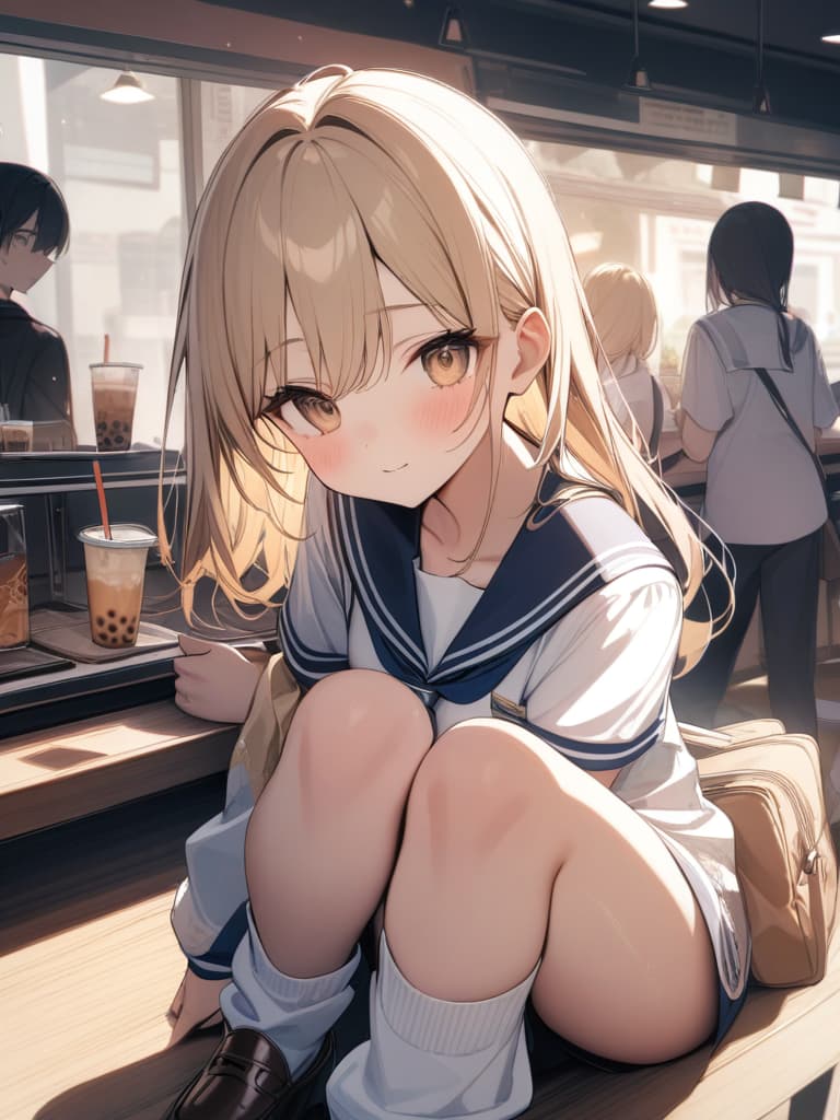  junior high school students, loose socks, sailor uniforms, loafers, blonde, tapioca milk tea, beige eyes, girls, cafes, masterpiece, best quality,8k,ultra detailed,high resolution,an extremely delicate and beautiful,hyper detail