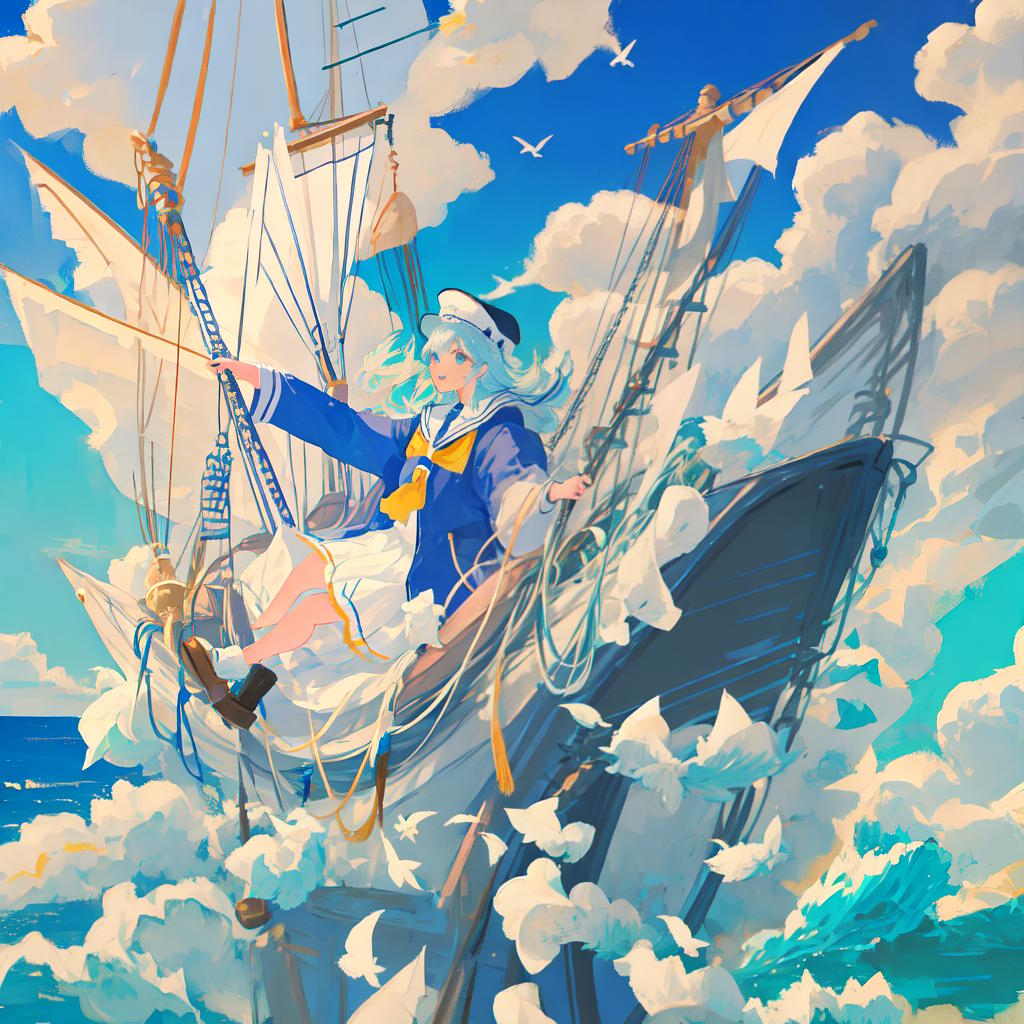  blue sky, white clouds, sea, a flock of whales flying in the sky, sailing ships on the sea