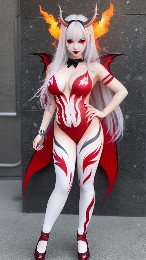  Full body red and silver flame pattern body paint, White body paint on the whole body,grey face paint on the face, succubus, full body image 女性