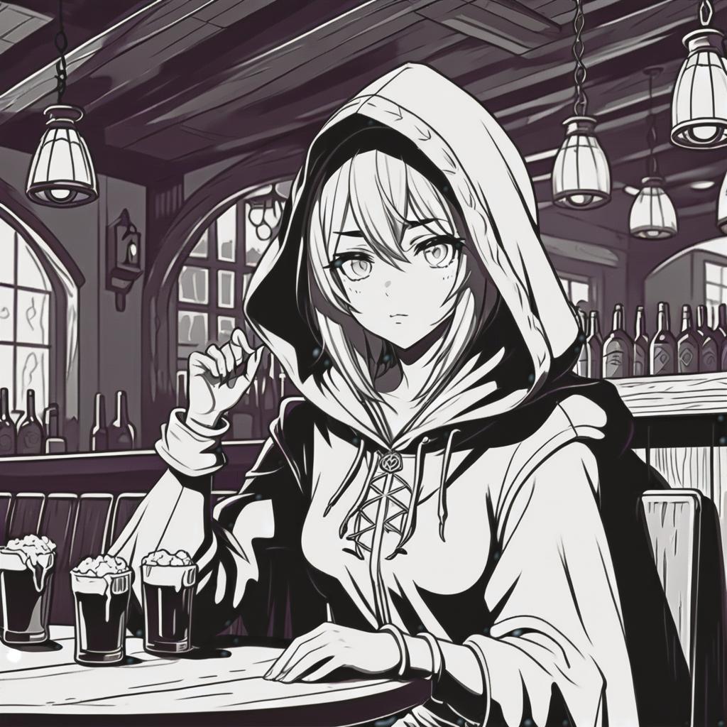  line art drawing stranger girl in hood in tavern, dnd, same nightmare. anime style . professional, sleek, modern, minimalist, graphic, line art, vector graphics