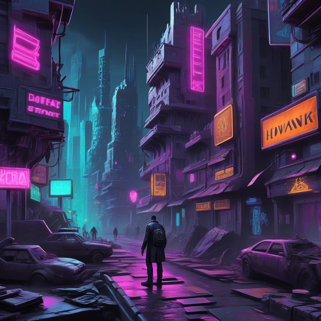  cyberpunk game style design, board game, hex, city, apocalypse, ruins, howard lovecraft, stylized image, comic . neon, dystopian, futuristic, digital, vibrant, detailed, high contrast, reminiscent of cyberpunk genre video games