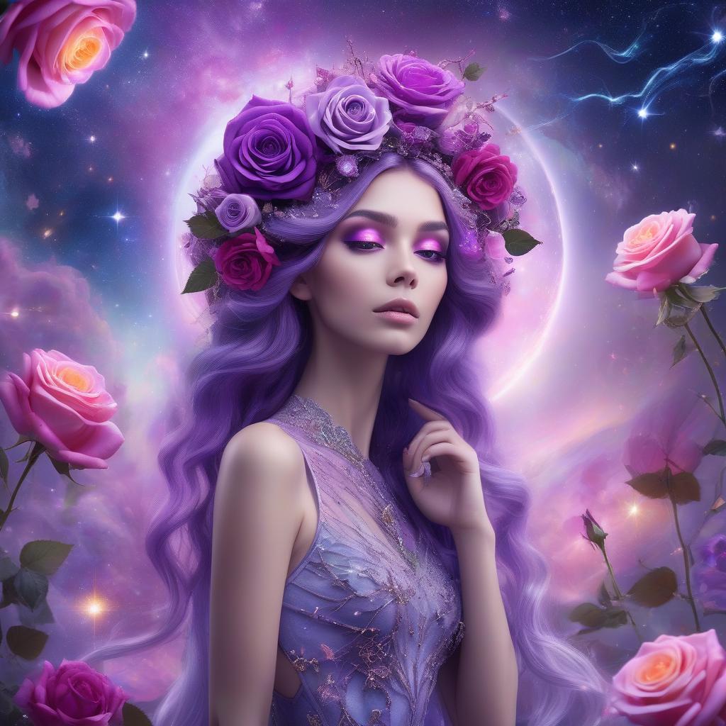  <mymodel>cosmic epic beauty with gorgeous, purple roses in hair, high res, surreal, cosmic, vibrant colors, detailed floral hairpiece, ethereal aura, celestial backdrop, majestic beauty, galaxy inspired, breathtaking lighting, dreamlike atmosphere, incredible attention to detail, cosmic fantasy, stunningly beautiful, best quality, surrealism, vibrant tones, celestial lighting