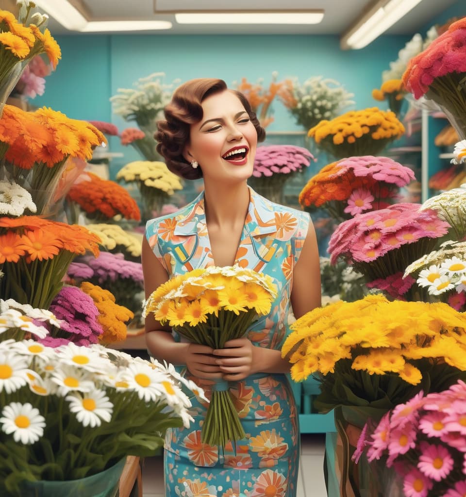  art deco style a humorous illustration. body language, bright colors, cartoon style. saleswoman in a flower shop, making bouquets of daisies and singing, in the background there are many bouquets of flowers . geometric shapes, bold colors, luxurious, elegant, decorative, symmetrical, ornate, detailed