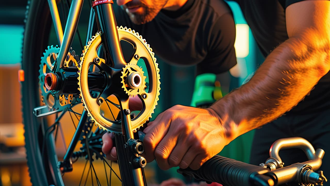  a close up of a bicycle being serviced, with a mechanic's hands adjusting gears, shiny tools scattered around, a gleaming bike frame in the background, and a soft, warm light illuminating the scene. hyperrealistic, full body, detailed clothing, highly detailed, cinematic lighting, stunningly beautiful, intricate, sharp focus, f/1. 8, 85mm, (centered image composition), (professionally color graded), ((bright soft diffused light)), volumetric fog, trending on instagram, trending on tumblr, HDR 4K, 8K