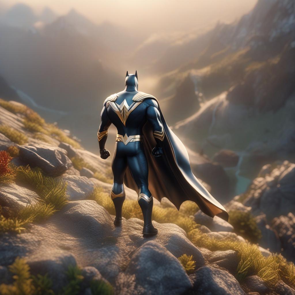  a superhero in a mountain range cartoon hyperrealistic, highly detailed, cinematic lighting, stunningly beautiful, intricate, sharp focus, f/1. 8, 85mm, (centered image composition), (professionally colour graded), ((bright soft diffused light)), volumetric fog, hdr 4k, 8k