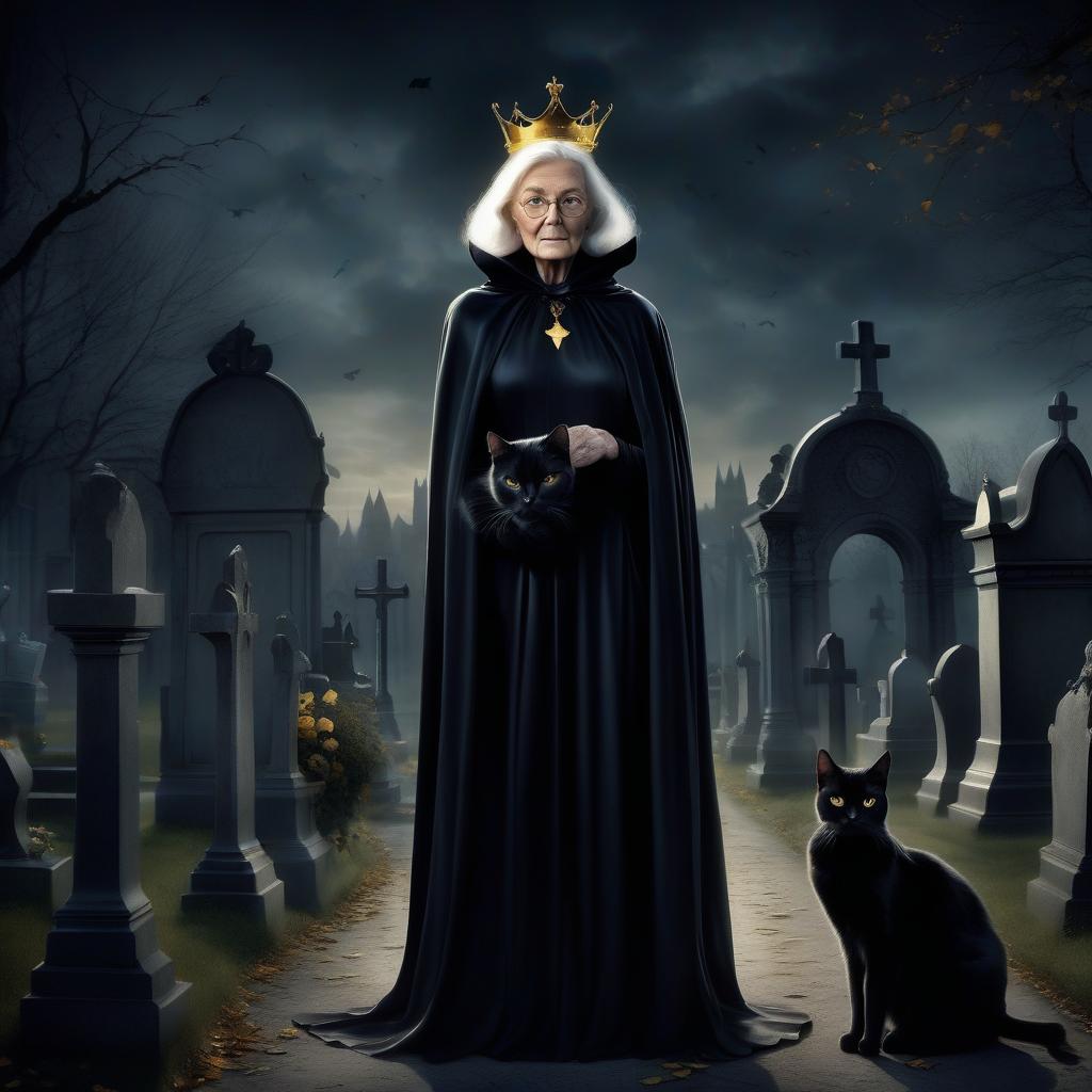  photorealism. elderly thin woman in a dark cape, holding a black cat in her arms, on the cat a small golden crown, against the background of a cemetery. half darkness, mystical light.