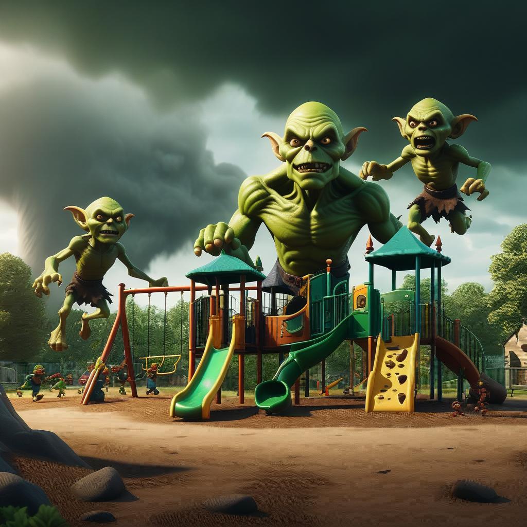  a playground that has 3 goblins running on it and theres a tornado in the background