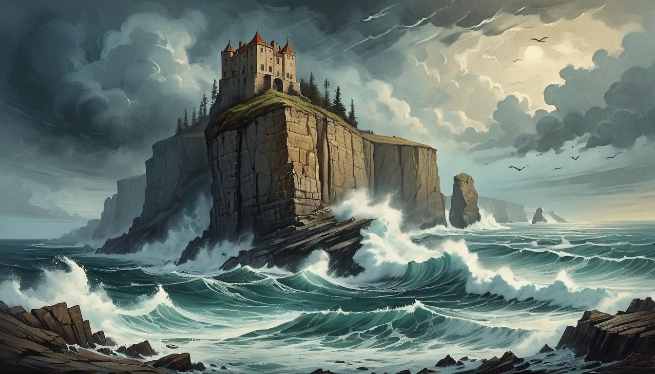  on parchment, surrealism+++, rugged cliffs being relentlessly beaten by crashing waves, ocean spray highlighting coarse textures, stormy sky overhead, sense of erosion and unstoppable progress(mysterious, provocative, symbolic,muted color)+++