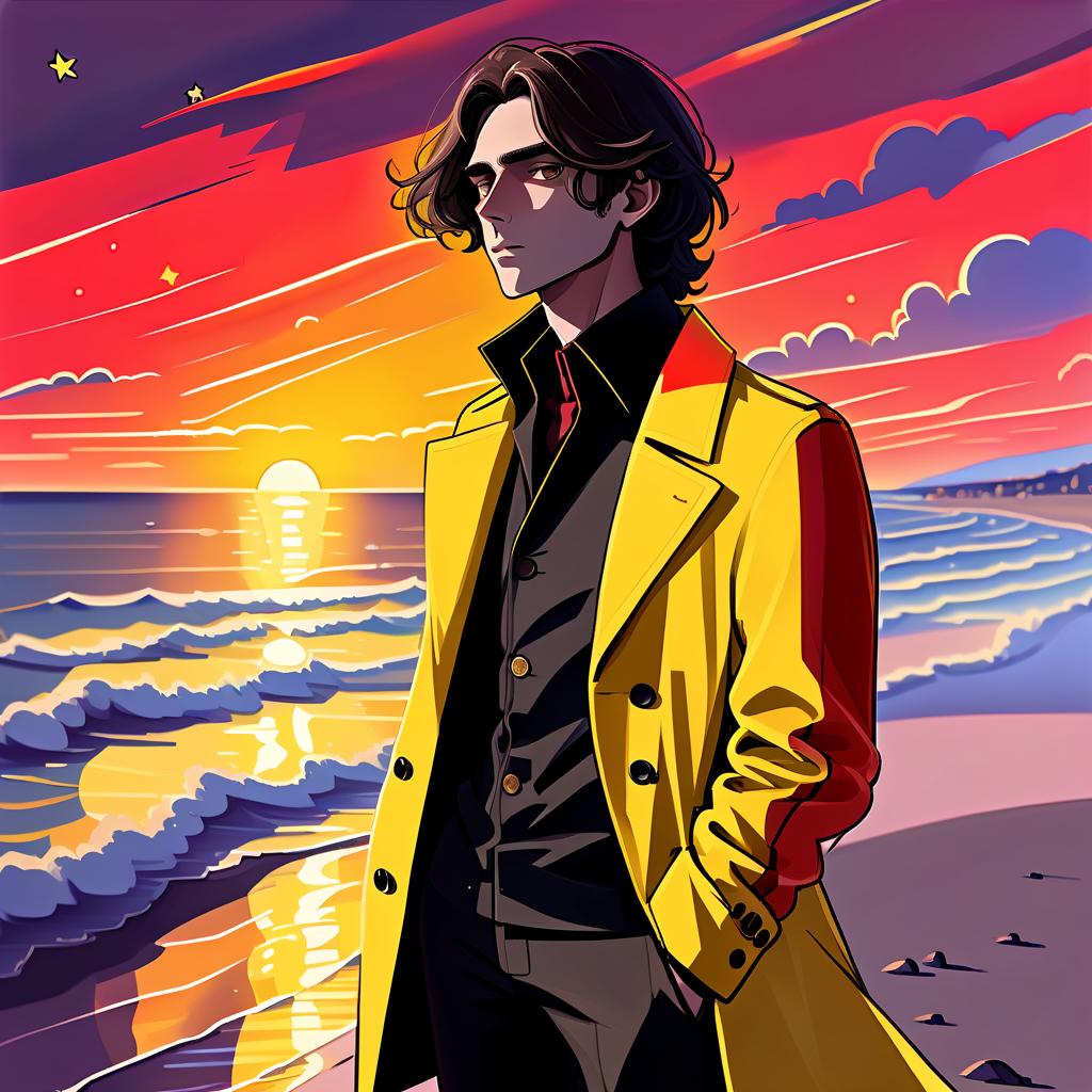  psychedelic style a young man stands alone on the beach. he has long dark brown hair, which flies slightly in the breeze. his face, with pronounced jewish and slavic features, radiates lively energy. brown eyes are full of deep emotions, as if reflecting the vast expanses of the ocean. he wears a bright yellow coat that seems to shine, catching the eye and contrasting with the soft shades of the sunset. under his coat he wears a black shirt and black pants are decorated with yellow elements, creating a stylish and dynamic look. the sunset turns into night, part of the sky is black with stars, and the outgoing red rays fall on the terrain in bright red stripes contrasting with the coming night. the image uses such colors and shades of colors