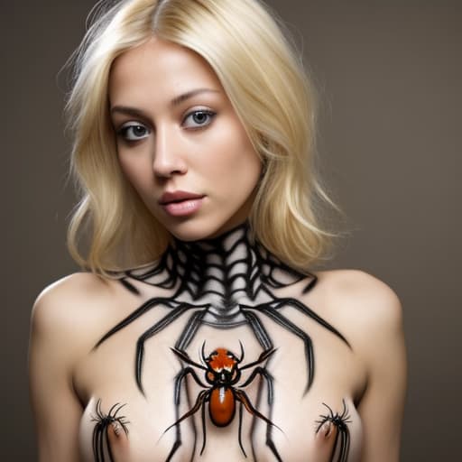  Blonde woman with spiders on her body with no shirt