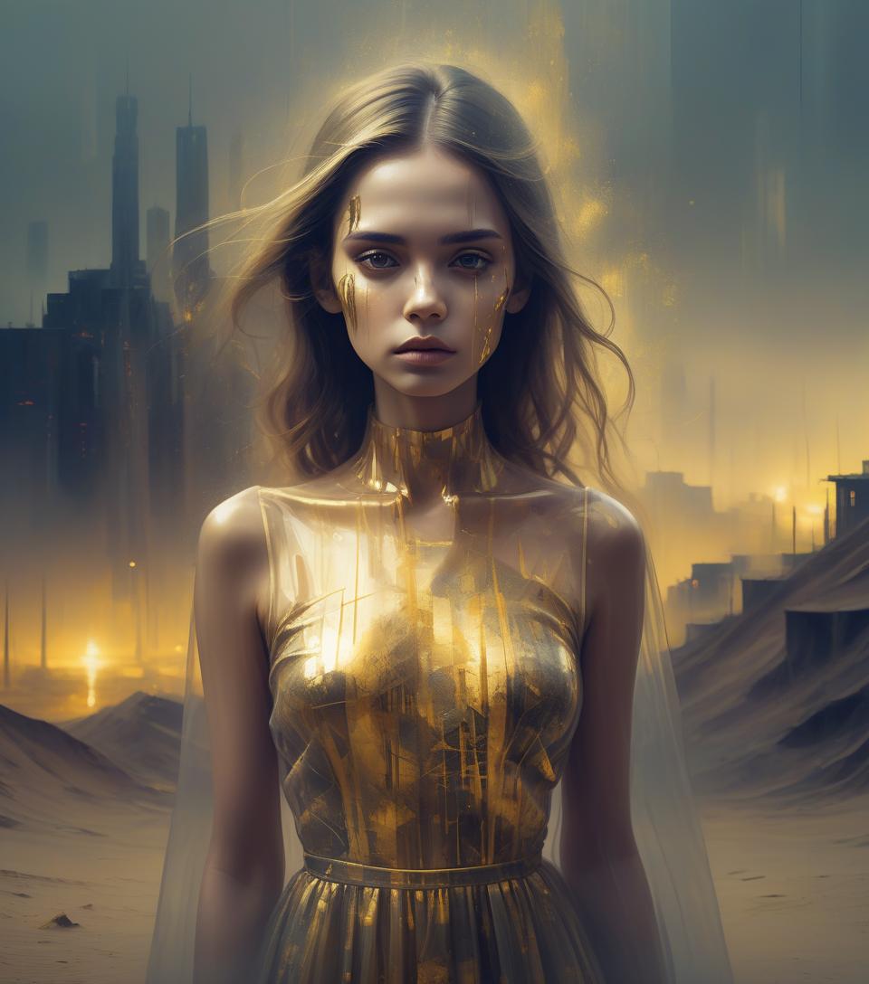  portrait face girl. dark fantasy, dramatic style, transparent light long bed dress dress. foggy bright style. dramatic style, depression style, gold glitch art style, impressionism, background night city. futuristic, deco style, influence, mysticism, mystery, ultra hd, abstract, psychedelic in double exposure over a desert oil paintingtyle.