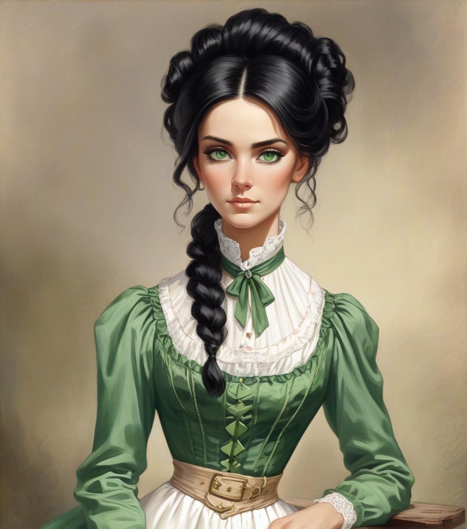  1875, southern lady, black hair, green eyes, feminine dress, wild west, wears her hair tied up, white victorian dress