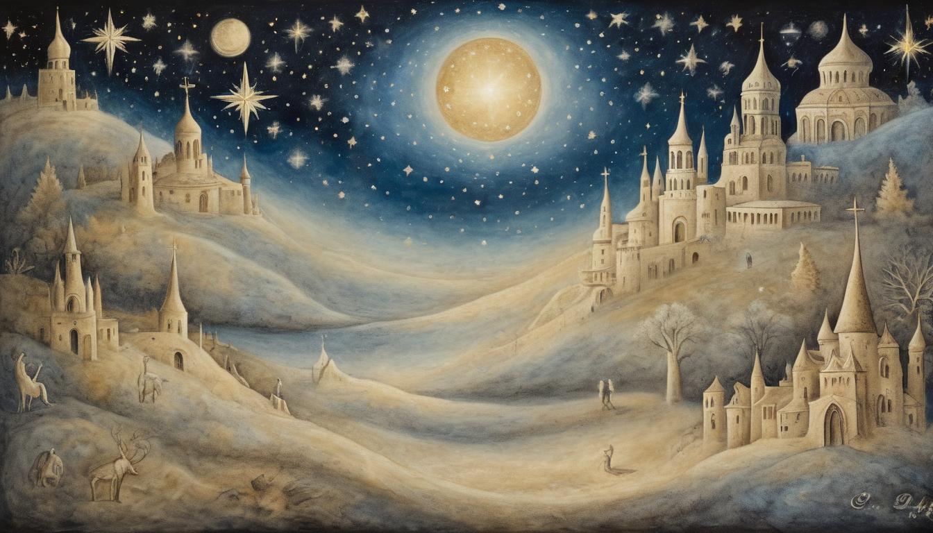  on parchment, surrealism++, night sky with sparkling stars, ethereal light cast from celestial bodies, gentle aura of divine presence, sense of communication with the divine(mysterious, provocative, symbolic)++