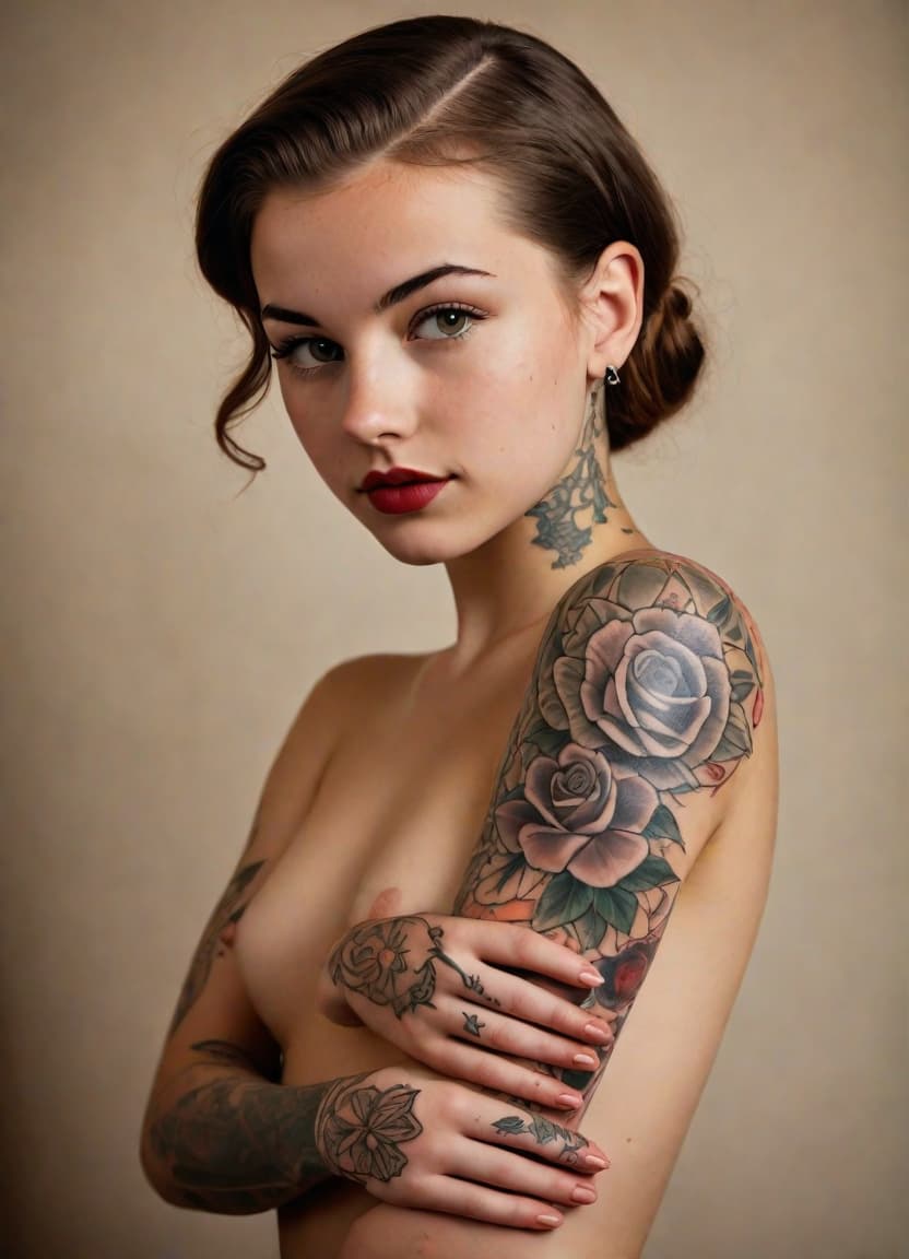  macro photography, full body shot, a young woman with many realistic tattoos, she is very sweet and pretty, natural face without makeup, 1940s setting, white woman, brown hair in a 1940s style, youthful appearance, fully naked, natural color image, very realistic, true to life, traditional tattoo style, in a vintage tattoo parlor, close up, macro 100mm, macro photography