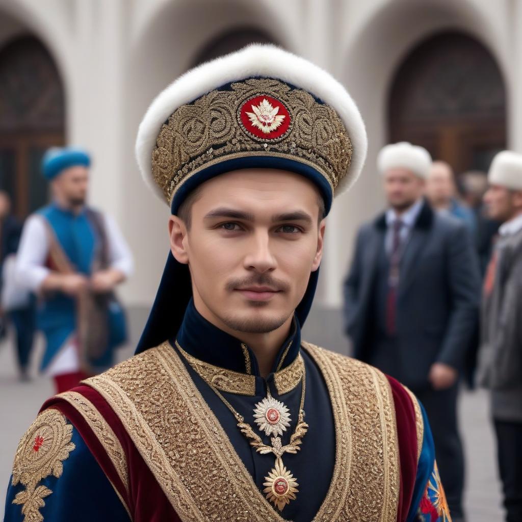  A Russian guy in national clothes in the center of Moscow