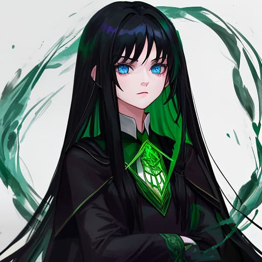  girl, long black hair, blue eyes, slytherin shape,