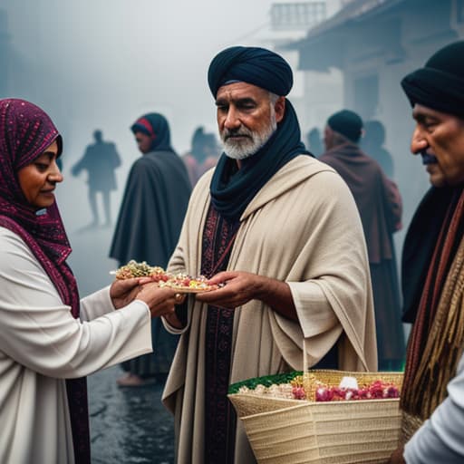  distributing sweets to poor and needy hyperrealistic, full body, detailed clothing, highly detailed, cinematic lighting, stunningly beautiful, intricate, sharp focus, f/1. 8, 85mm, (centered image composition), (professionally color graded), ((bright soft diffused light)), volumetric fog, trending on instagram, trending on tumblr, HDR 4K, 8K