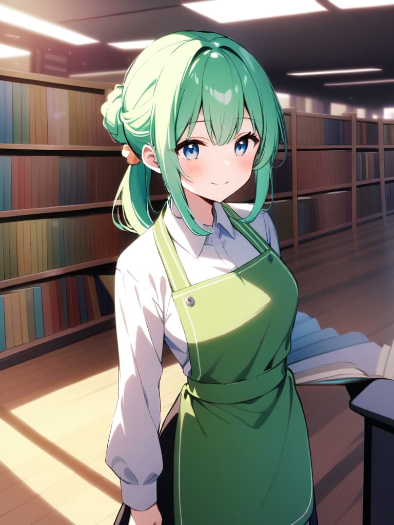  (hd:1.3),(4k 8k:1.5)apron,black pants,clothing,collared shirt,green apron,hair accessory,long sleeves,pants,polka dot pattern,long ponytail,scrunchie,shirt,tied hair,white shirt,blue eyes,green hair,(very smile:1.3),(blush:1.2),(inside a library filled with books) woman,long hair,standing