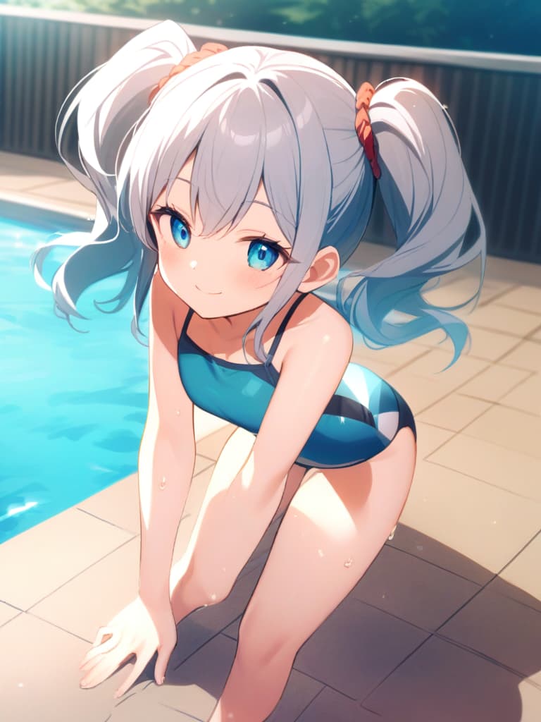  women's elementary students, twin tails, cute smiles, swimwear, male (sharp swelling), poolside, whole body,