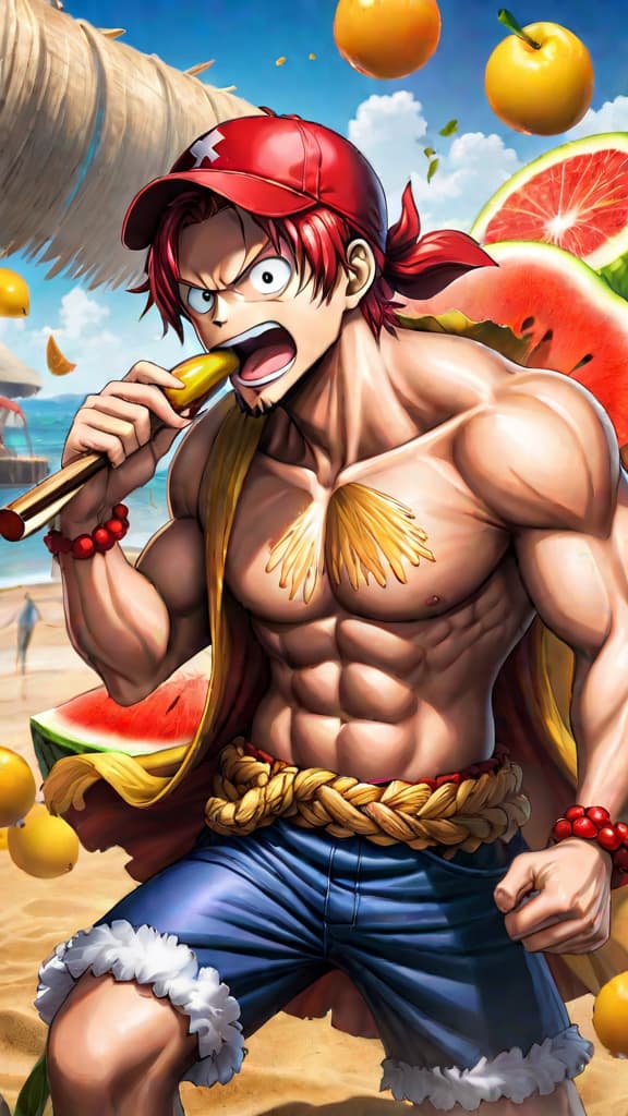  anime art: shanks from one piece watches luffy eat the gum gum fruit, seeing gol d. roger's potential. hyperrealistic, full body, detailed clothing, highly detailed, cinematic lighting, stunningly beautiful, intricate, sharp focus, f/1. 8, 85mm, (centered image composition), (professionally color graded), ((bright soft diffused light)), volumetric fog, trending on instagram, trending on tumblr, HDR 4K, 8K