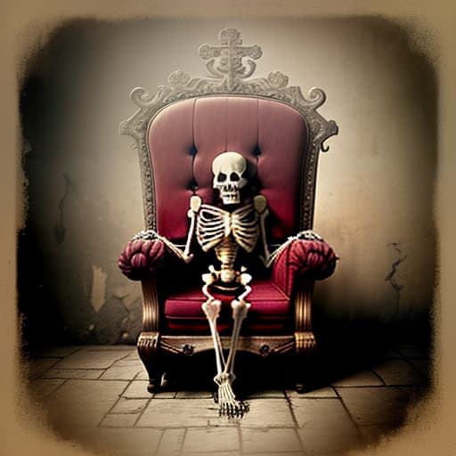  a skeleton sitting on a throne in a castle, faded , vintage , nostalgic , by jose villa , elizabeth messina , ryan brenizer , jonas peterson , jasmine star