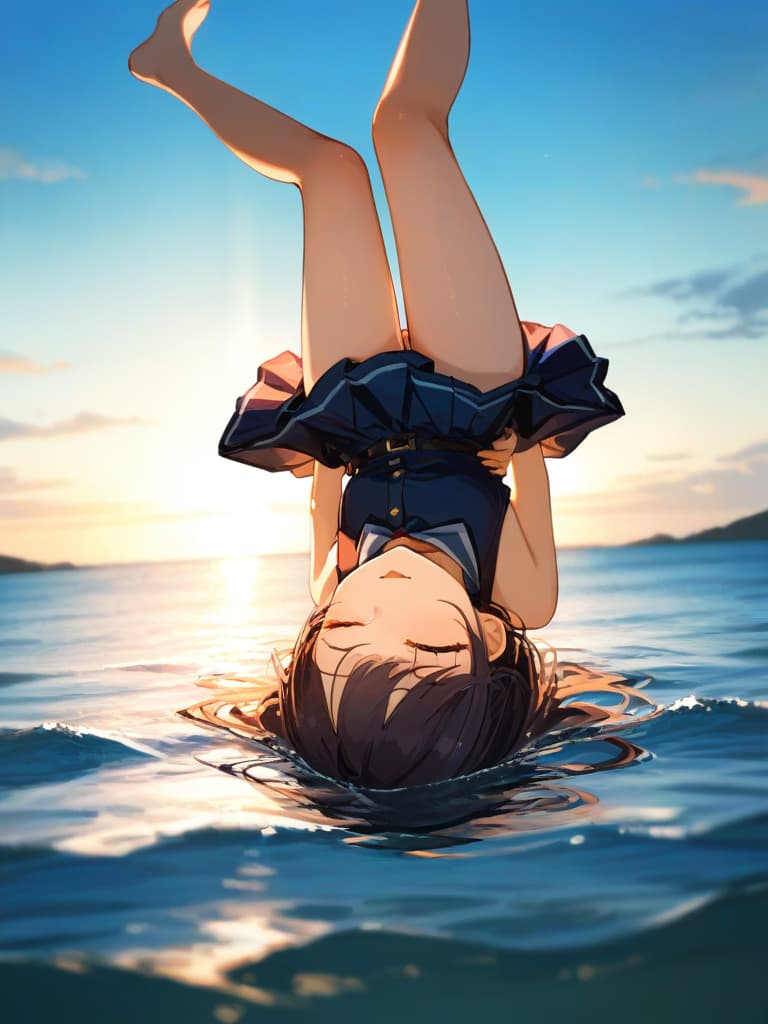  ultra detailed:1.2masterpiece:1.2,best quality,masterpiece,bestquality,hdr:1.1,8k:1.1,very cute girl:1.3,closed eyes:1.1,(fullbody:1.2)(falling sea:1.3),(splash:1.3),(flip upside down:1.7),school uniform:1.4,from front:1.4,open dot mouth,sleep eyes :,closed legs:1.41.3,arms down:1.3