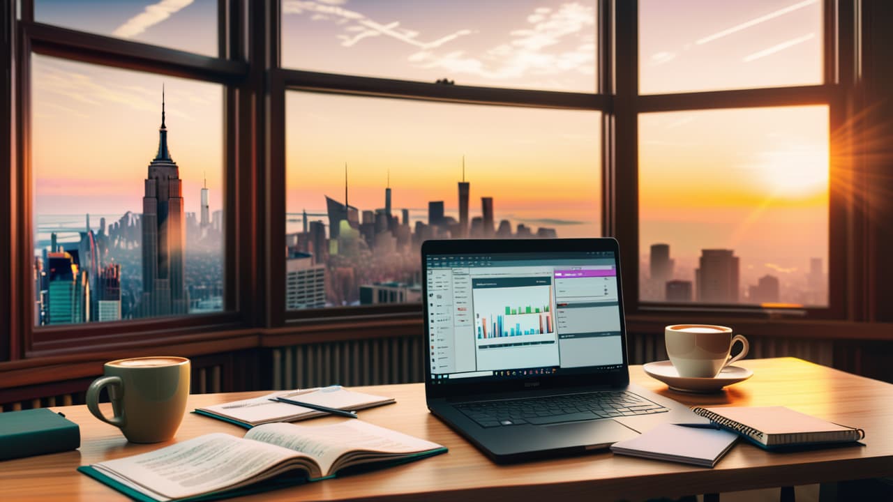  a serene home office scene featuring a laptop displaying stock charts, colorful financial books scattered around, a notepad with handwritten notes, a cup of coffee, and a large window overlooking a bustling city skyline. hyperrealistic, full body, detailed clothing, highly detailed, cinematic lighting, stunningly beautiful, intricate, sharp focus, f/1. 8, 85mm, (centered image composition), (professionally color graded), ((bright soft diffused light)), volumetric fog, trending on instagram, trending on tumblr, HDR 4K, 8K