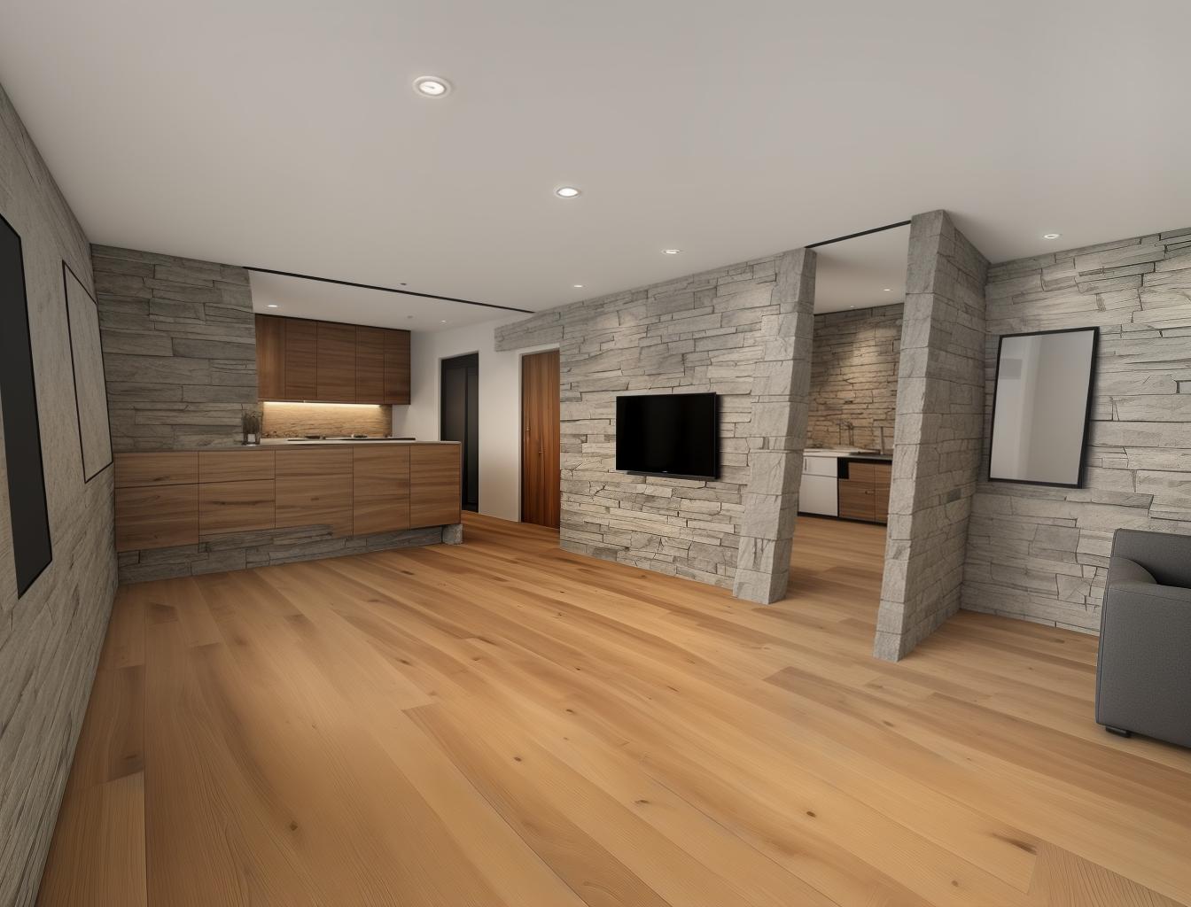  generate a photorealistic rendering of a modern living room with a combination of wooden floors and a stone accent wall. include sleek, contemporary furniture to contrast with the natural materials, creating a sophisticated yet comfortable atmosphere.