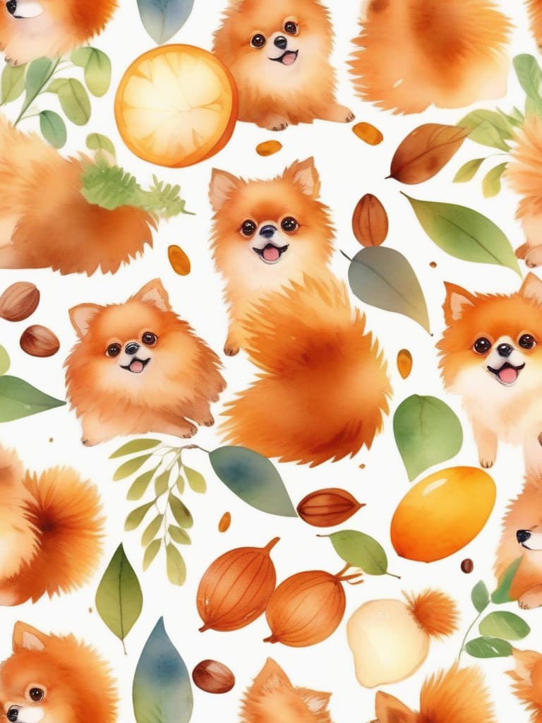  watercolor style,one animal,orange,cute pomeranian,chestnut field,chestnut ball falling,chestnut dead leaves falling,masterpiece,high quality,8k