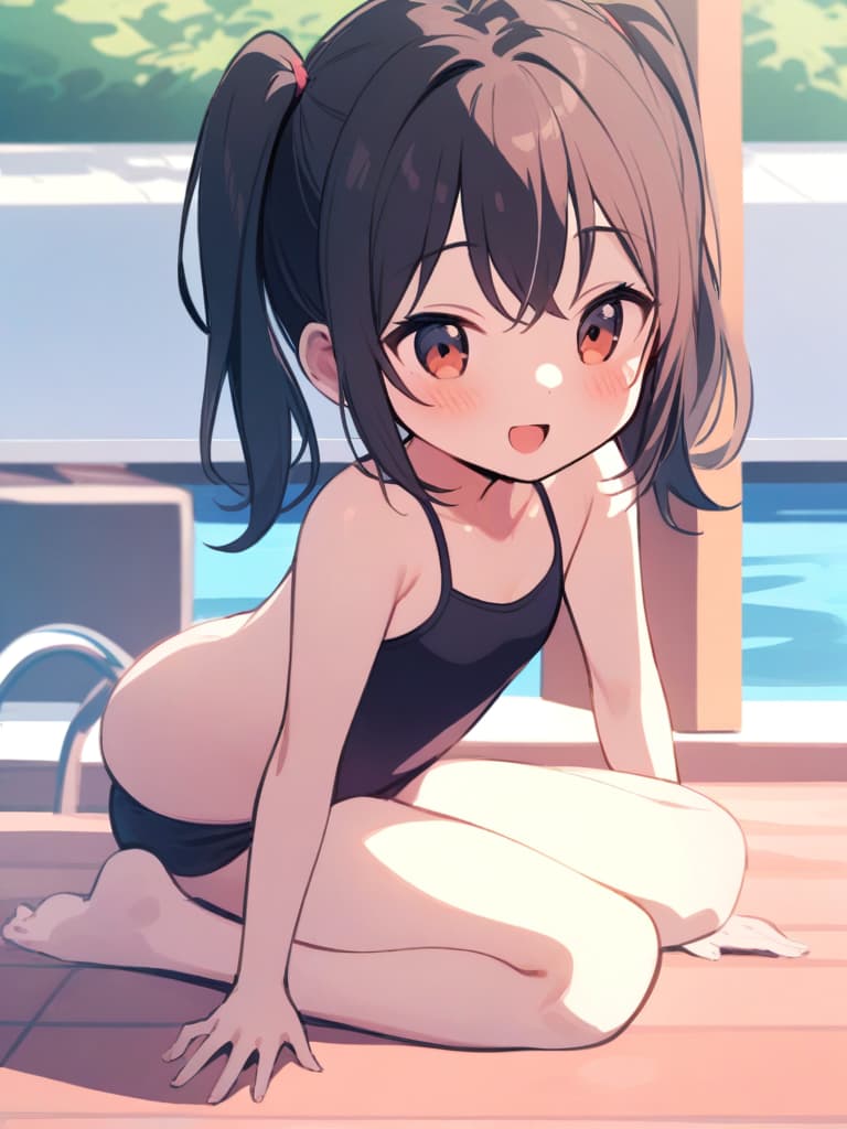  women's elementary students, twin tails, cute smiles, swimwear, male (bulging), poolside, whole body,