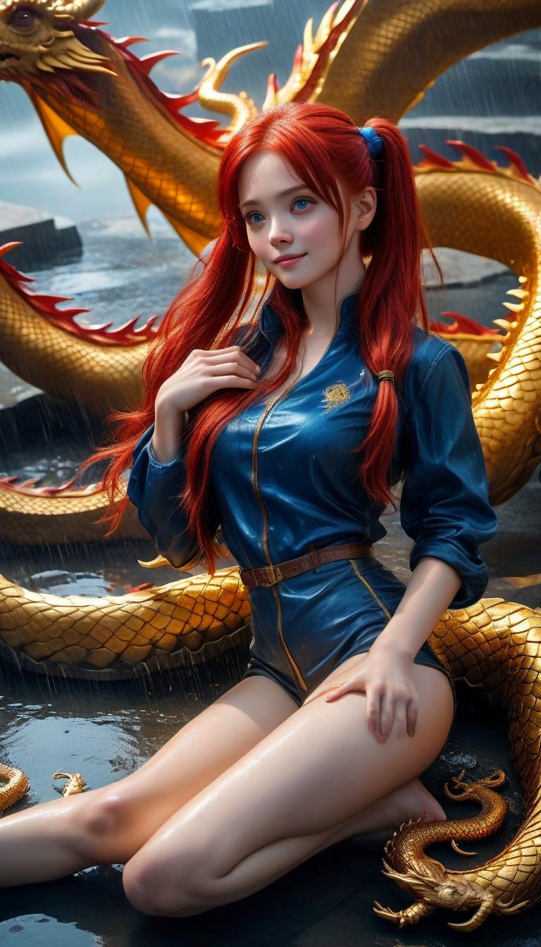  realistic photos of cinematic quality. absolutely of 25, lying on her back, , sharp s, red hair, blue eyes, light smile, two pigtails, skin, hands behind her head, legs open, to the sides, light on the inside of the thigh. lying beside the golden dragon. it is raining., hkmagic