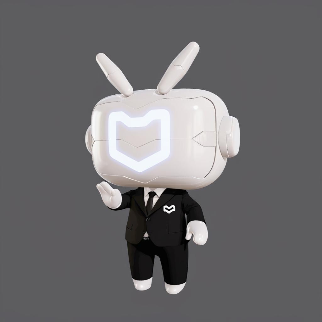  anxiaozhi,a cute white robot with white mask wears a black suite,stretch out your hand and wave.