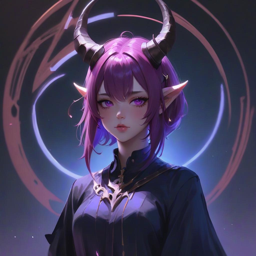  a woman with purple hair and horns on her head, a character portrait, by yang j, fantasy art, high definition anime art, yanjun chengt, noire, artwork in the style of guweiz