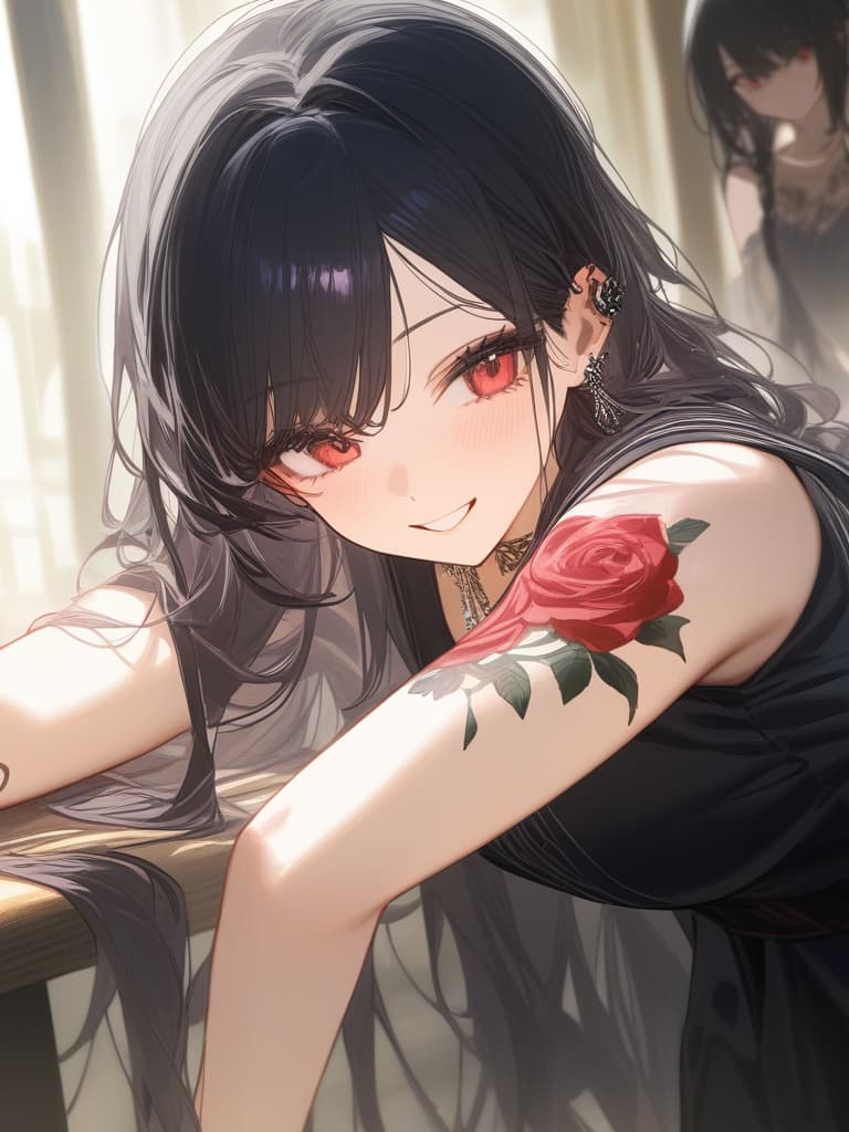  long hair, black hair, hair tips are pink, red eyes, hanging, bangs, and length of bangs, adults, adult faces, piercings, necklaces, hair are light pink and black, thin makeup on the arm. there is a rose tattoo, a rose tattoo on your arm, smiling, masterpiece, best quality,8k,ultra detailed,high resolution,an extremely delicate and beautiful,hyper detail