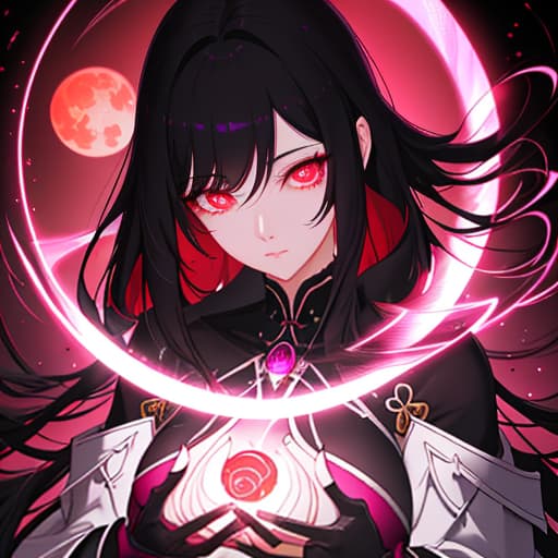  a close up of a person with a pink light in the background, artwork in the style of guweiz, old anime goth girl, dark light night like eyes, ulzzang, streaming, huge black circle, full red moon, mistress, breathtaking render, black bob haircut, circle, epically luminous image,realism hyperrealistic, full body, detailed clothing, highly detailed, cinematic lighting, stunningly beautiful, intricate, sharp focus, f/1. 8, 85mm, (centered image composition), (professionally color graded), ((bright soft diffused light)), volumetric fog, trending on instagram, trending on tumblr, HDR 4K, 8K