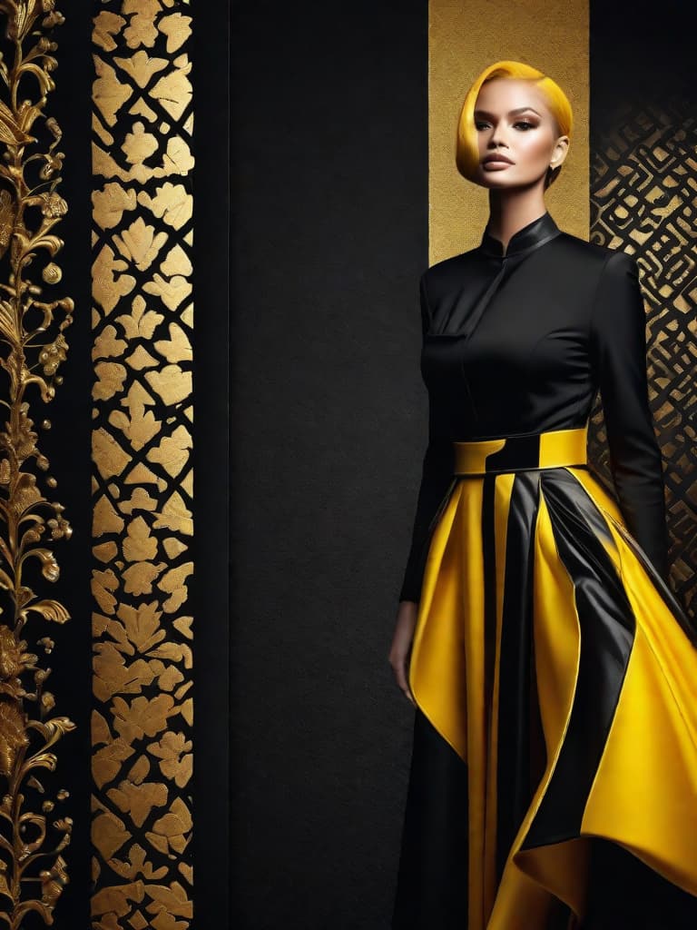  Golden yellow and sleek black color palette, captivating and inviting expression, exuding elegance and charm, magnetic beauty, intricate details, high contrast, luxurious feel, digital art, female, glossy finish, striking composition, dynamic lighting to enhance features.