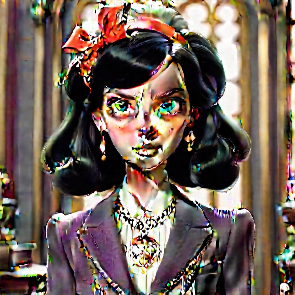  a tall and slim young woman. her black hair is tucked into a babette. she has gray eyes and a mole on her left cheek under her lower lip. she wears tight suits woven from her own magical hair, and gold chains, white gloves and ties a red ribbon over her hair