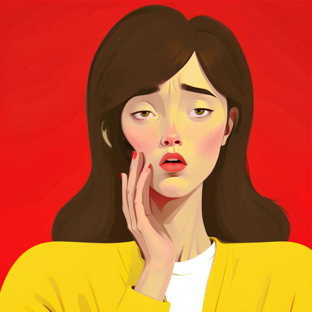  minimalist style the girl has a thoughtful surprised face, she stands on a red background in yellow clothes, girl illustration sketch sketch . simple, clean, uncluttered, modern, elegant