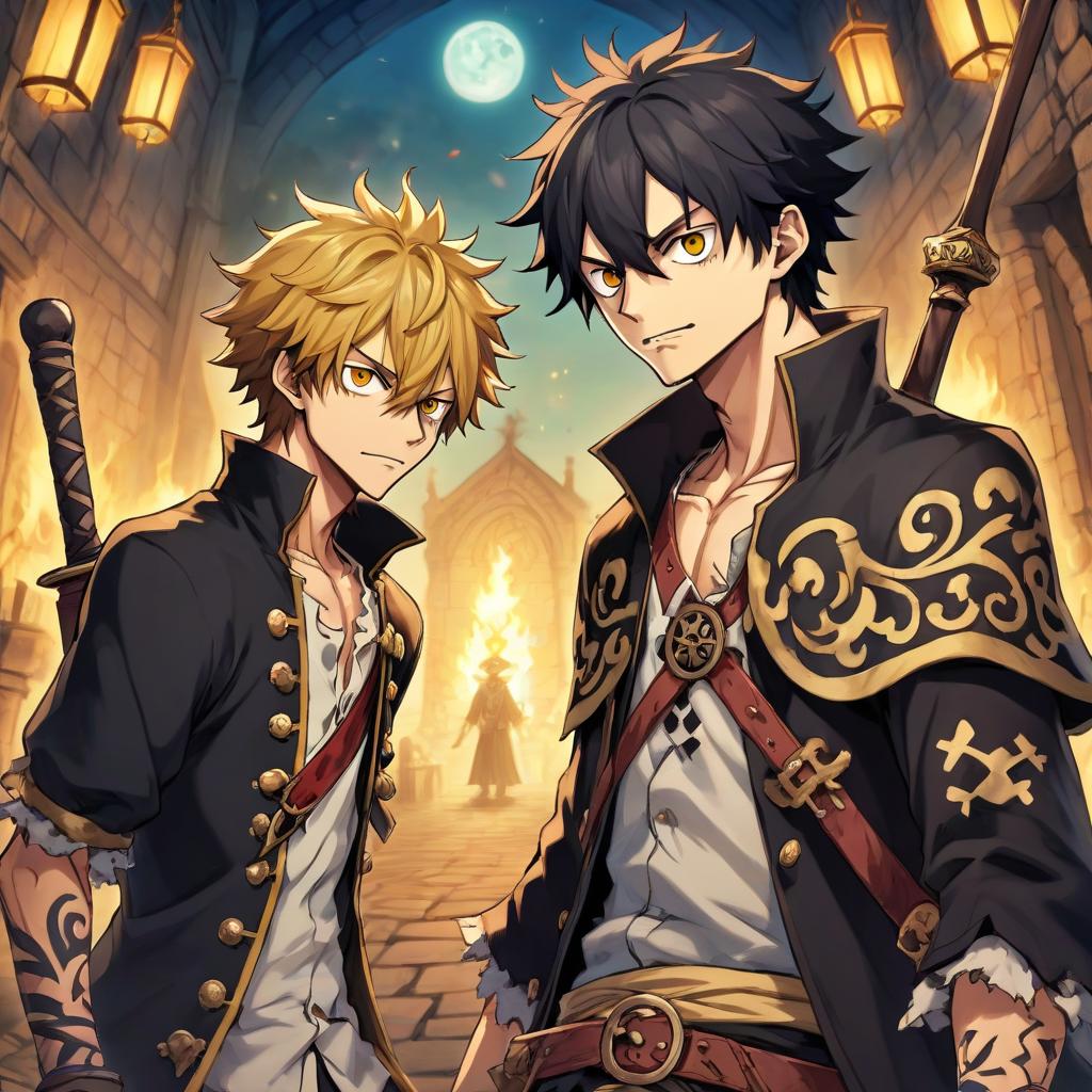  role playing game (rpg) style fantasy donquixote rosinante and trafalgar law . detailed, vibrant, immersive, reminiscent of high fantasy rpg games