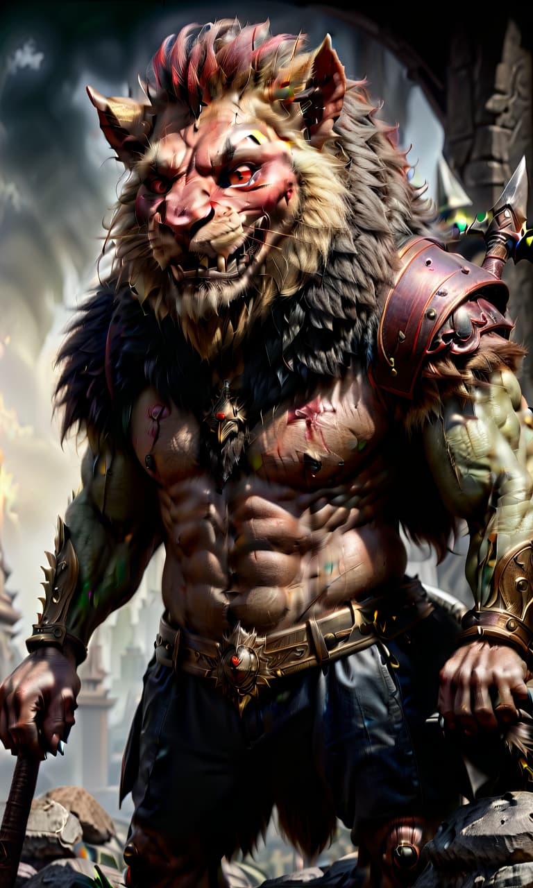  hyperrealistic art a goblin sits on a lion, an evil lion with a grin, an evil goblin king, a crown on his head, with a small beard, red eyes, an evil grin on his face, a mantle with a furry collar, a large axe on his shoulder, a sporty physique. . extremely high resolution details, photographic, realism pushed to extreme, fine texture, incredibly lifelike, perfecteyes, hkmagic, civitai