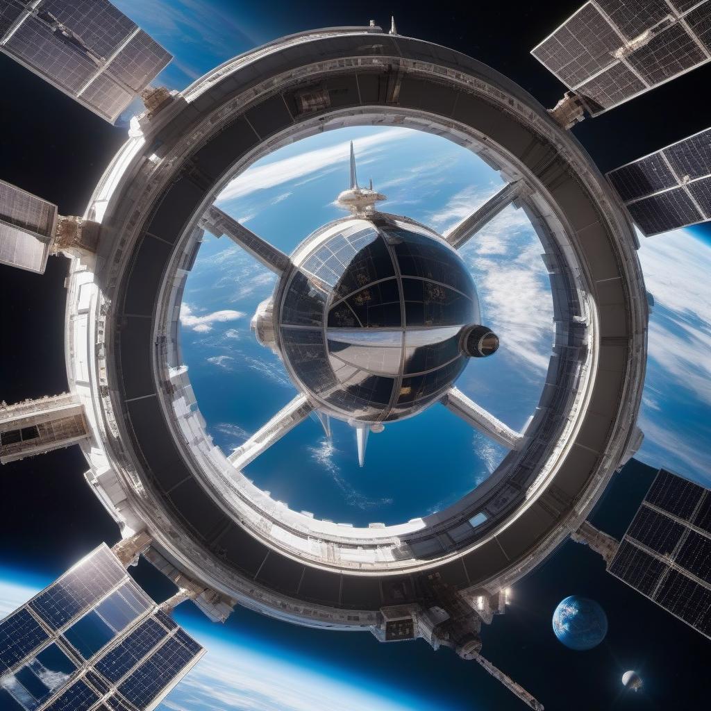  A fantastic spaceship in Earth orbit, three compartments, a large observation window, a commander's bridge