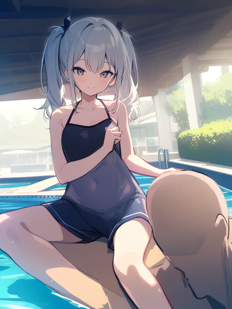  women's elementary students, twin tails, rich smiles, cute smiles, navy blue swimwear, old swimwear, swimwear, simple, male, shaped clear , shaped clear, clear stem, shaped crisp, male bulge,, front. the whole body, pool side,