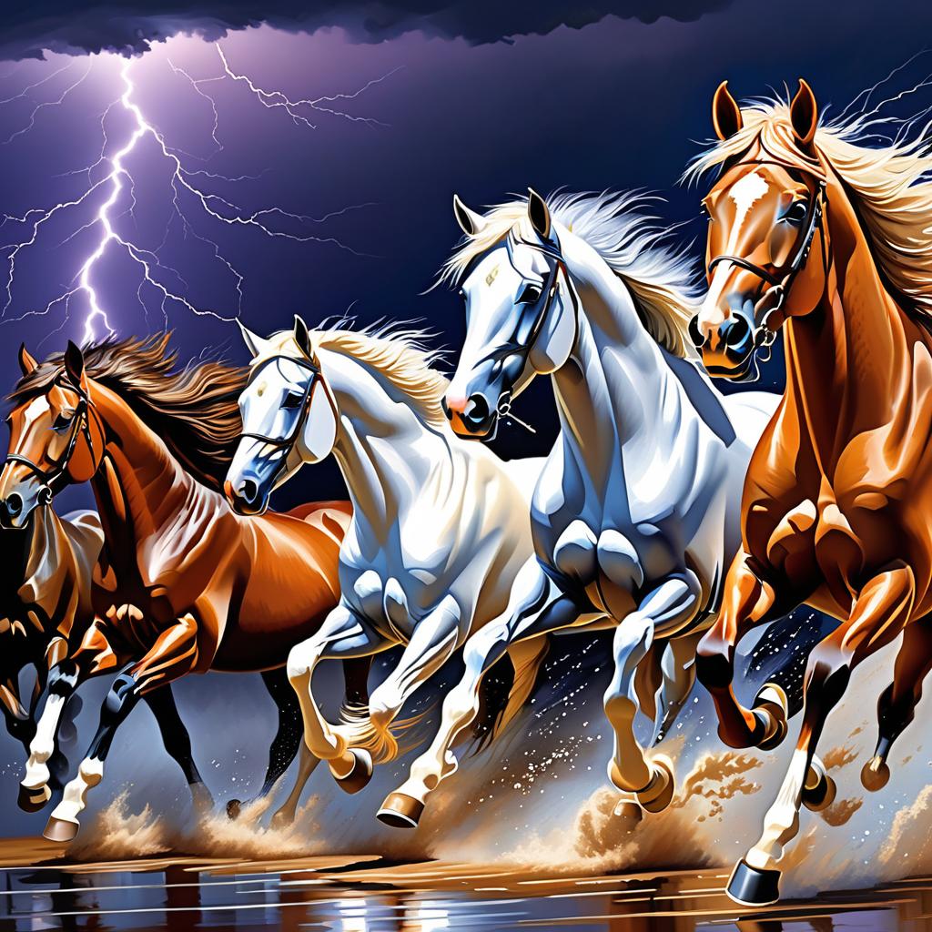  side view of three horses running from a lightning storm, award winning, professional, highly detailed, masterpiece