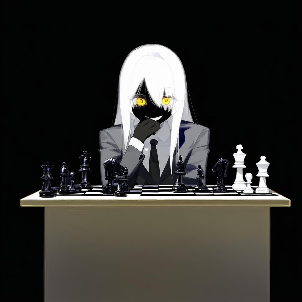  long white hair anime woman with shadows completely concealing face with the exception of evil empty white teeth smile on her face and only a hardly visible singular yellow eye, hand under chin,jet black suit, black tie, sitting in front of a table with a chess set on it, no visible facial features due to blackness covering face full of shadows on face. black all over face, no visible features, just a jet black face with a small gleam of a yellow eye and white teeth . best quality, high resolution